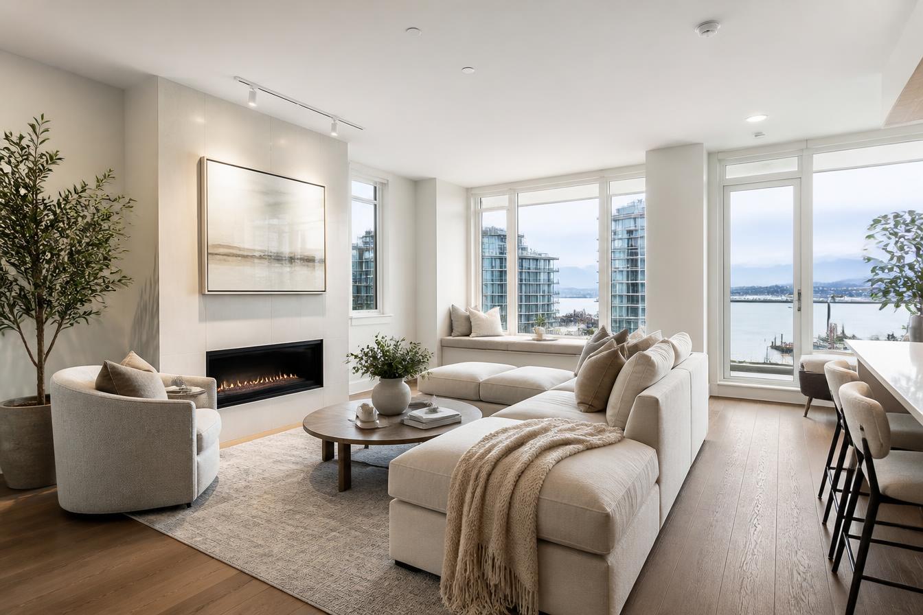 Bright, professionally staged modern Vancouver living room with waterfront views